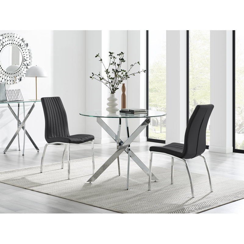 Tierra Modern Chrome Metal & Glass Round Dining Table Set with 2 Soft Touch Faux Leather Chairs, Black