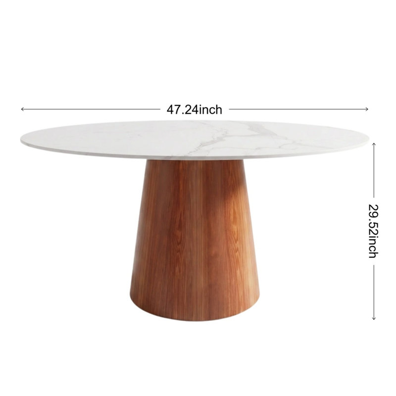 Round Sintered Stone Farmhouse Kitchen Dining Table Solid Wood Pedestal For 4-8 People, 29.52" H x 47.24" W x 47.24" D