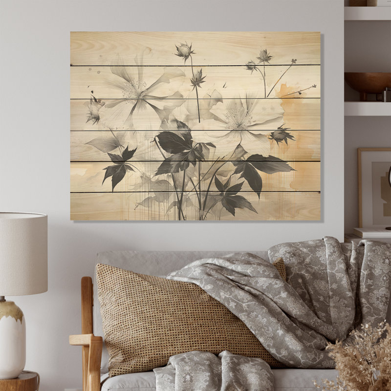 Hibiscus gris minimaliste intemporel I - Hibiscus, art mural sur bois de pin naturel, H 30 po x l 40 po