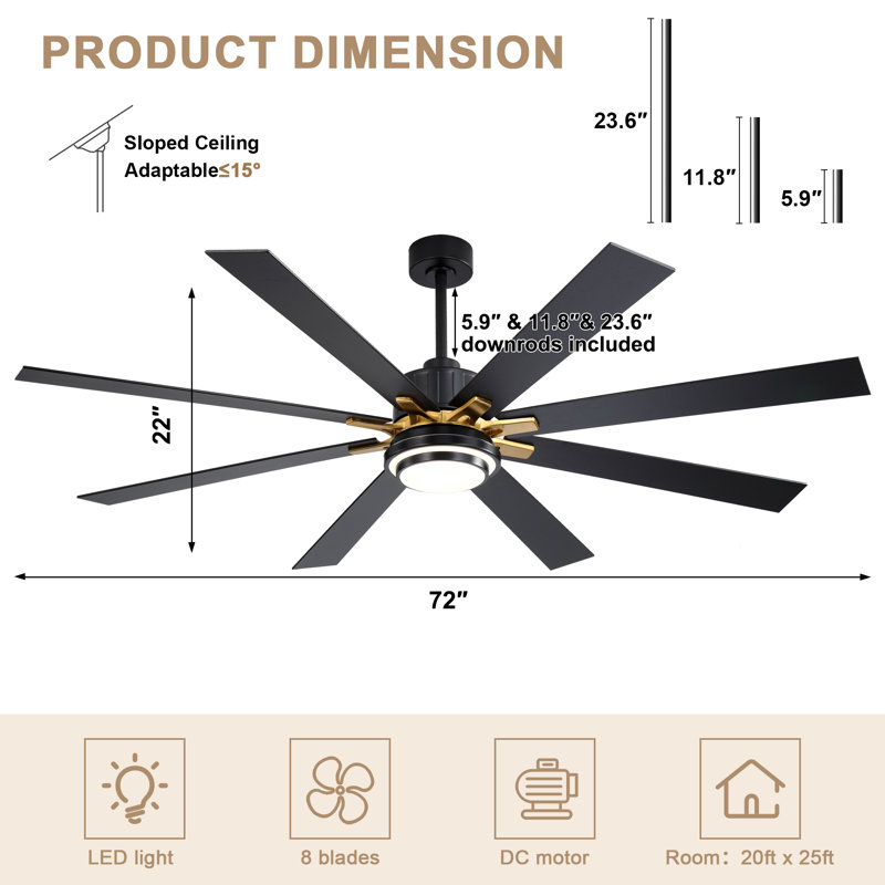 Grand ventilateur de plafond moderne 72 pouces noir avec lumière DEL et télécommande, ventilateur de plafond silencieux réversible à 6 vitesses pour grandes pièces