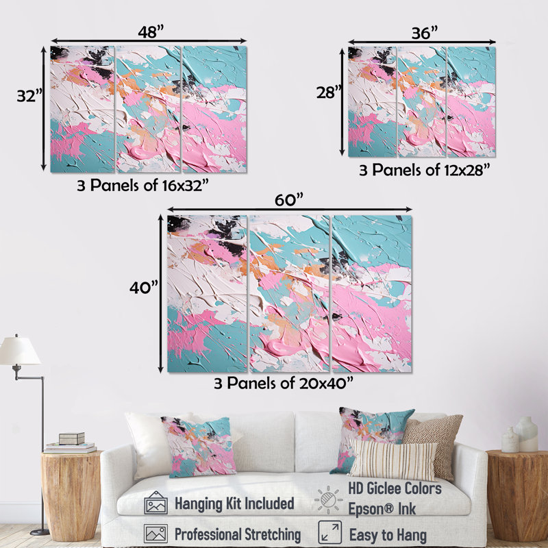 «Sweet Pink Pastel Dreams», ensemble d'art mural abstrait, Toile tendue, H 40 po x l 60 po x P 1 po
