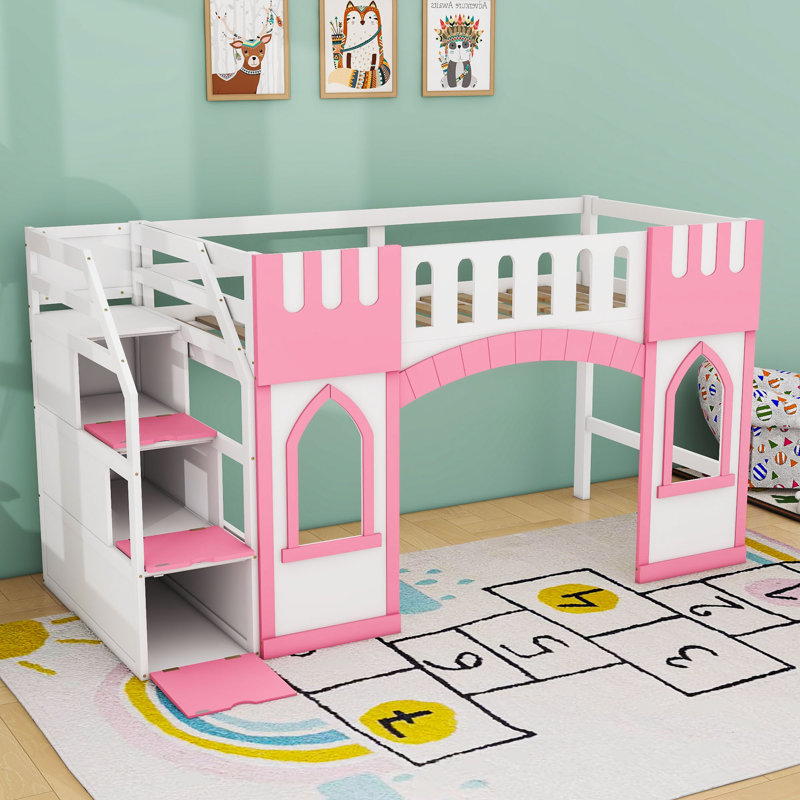 Lit mezzanine simple avec escalier de rangement et fenêtres, Rose