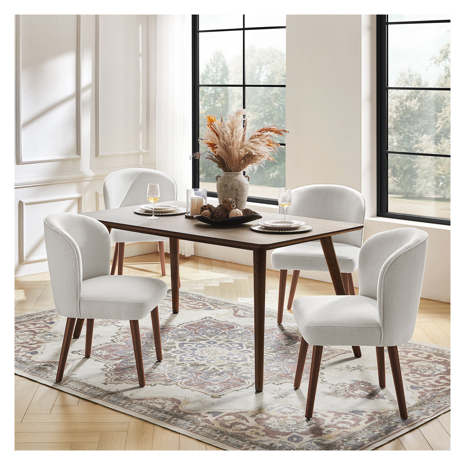 Davia Mid-Century Modern 19"H Upholstered Dining Chair with Solid Wood Leg, White, 4