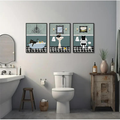3 pièces drôle salle de bain chat noir toile murale rétro chat prenant le bain lecture journal affiche impression moderne bleu salle de bain décor photos peinture pour toilette buanderie œuvres d'art décorations sans cadre