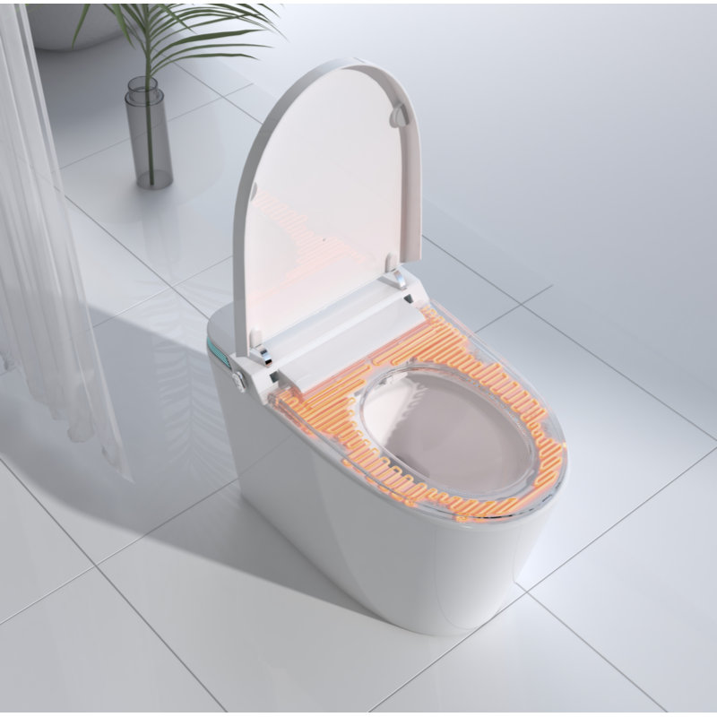 Toilette intelligente de luxe intelligente avec pulvérisateur d'eau chaude et sécheuse instantanées, fonction de chasse d'eau automatique / capteur de pied, siège de bidet chauffé à température ajustée, affichage à DEL blanc
