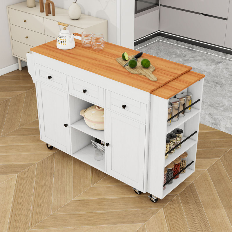Îlot de cuisine roulant avec prise de courant, 3 tiroirs, 2 portes et tablettes, Blanc