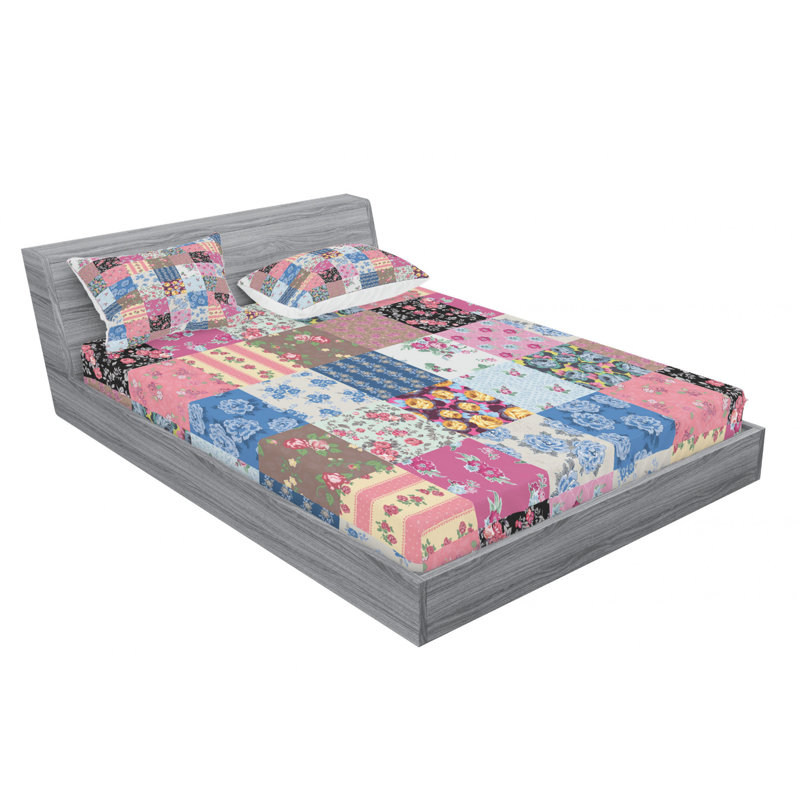 Microfiber Patchwork Sheet Set, Queen Sheet Set + Fitted Sheet + 2 Pillowcases, Pink Patchwork