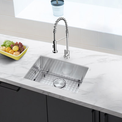 23" Undermount Kitchen Sink with Pull-Down Faucet Combo, 23" x 18" x 9" Stainless Steel Kitchen Sink with Drain Assembly, Strainer & Bottom Grid, All-In-One
