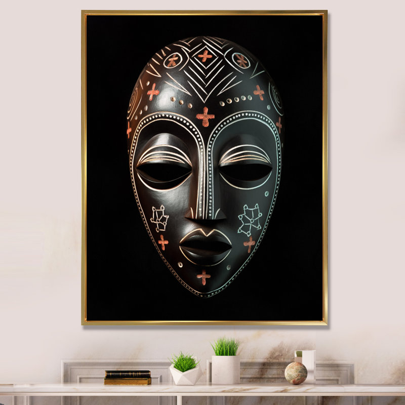 Masque africain traditionnel Ethnique XXIII, Cadre flottant doré, H 40 po x l 30 po x P 1,5 po