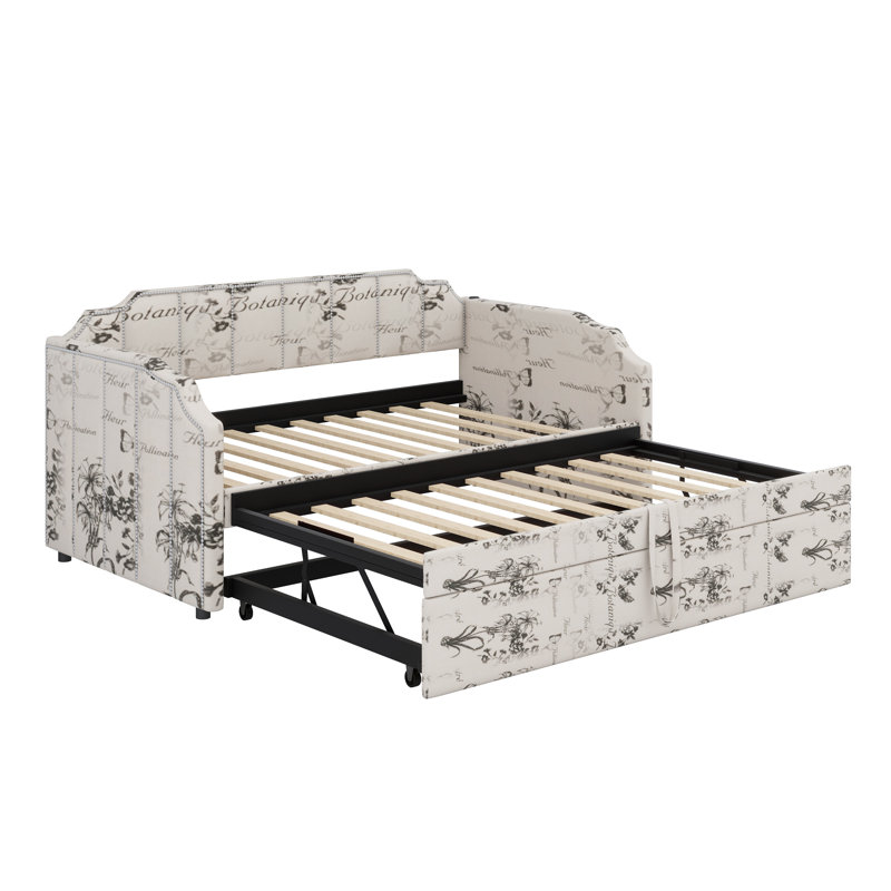 Versatile Sofa-Style Bed with Roll-Out Trundle and On-Frame USB Charging Connectivity, White Tossed Botanical