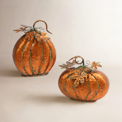 Set of 2 Assorted Metal Harvest Tabletop Pumpkins with Leaf Accents