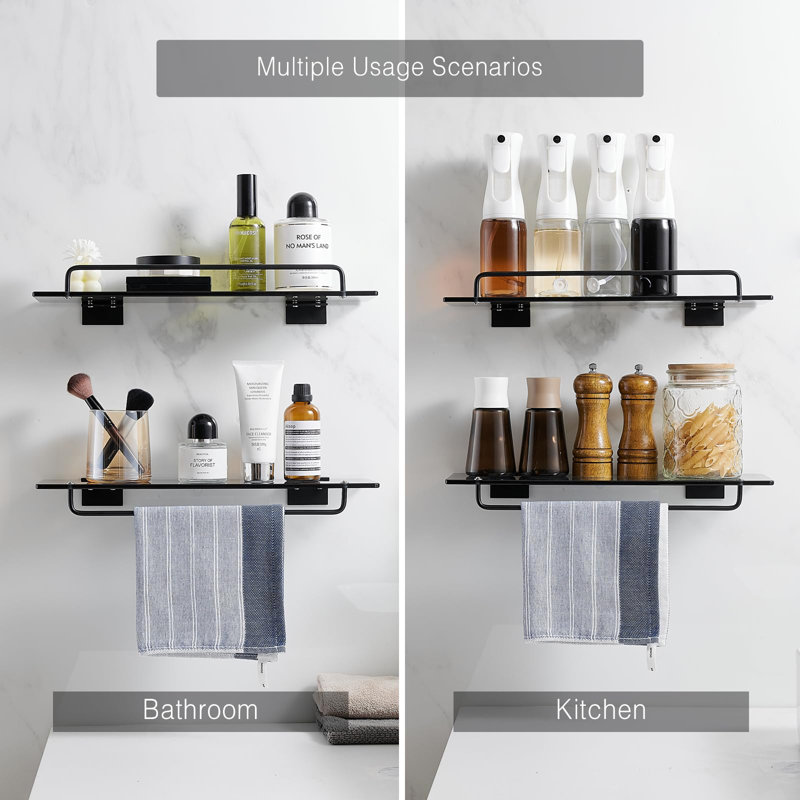2 Pack Bathroom Glass Shelf 15.7In Bathroom Shelves Wall Mounted Tempered Glass Shelf With Rail Floating Shelves Bathroom(Black)