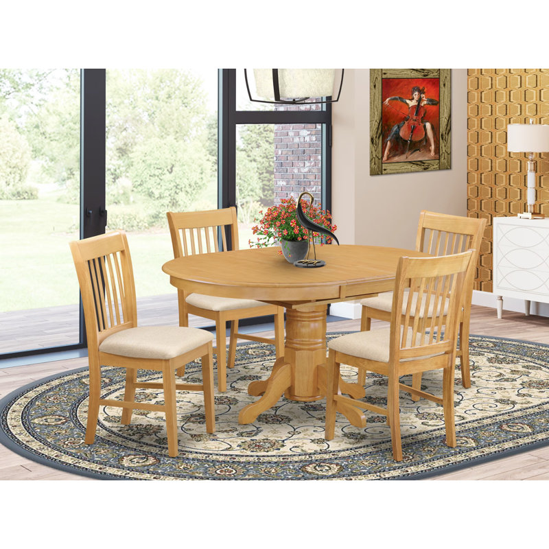 5 Piece Modern Dining Table Set Includes an Oval Wooden Table with Butterfly Leaf and 4 Linen Fabric Kitchen Dining Chairs, 42x60 Inch, Oak