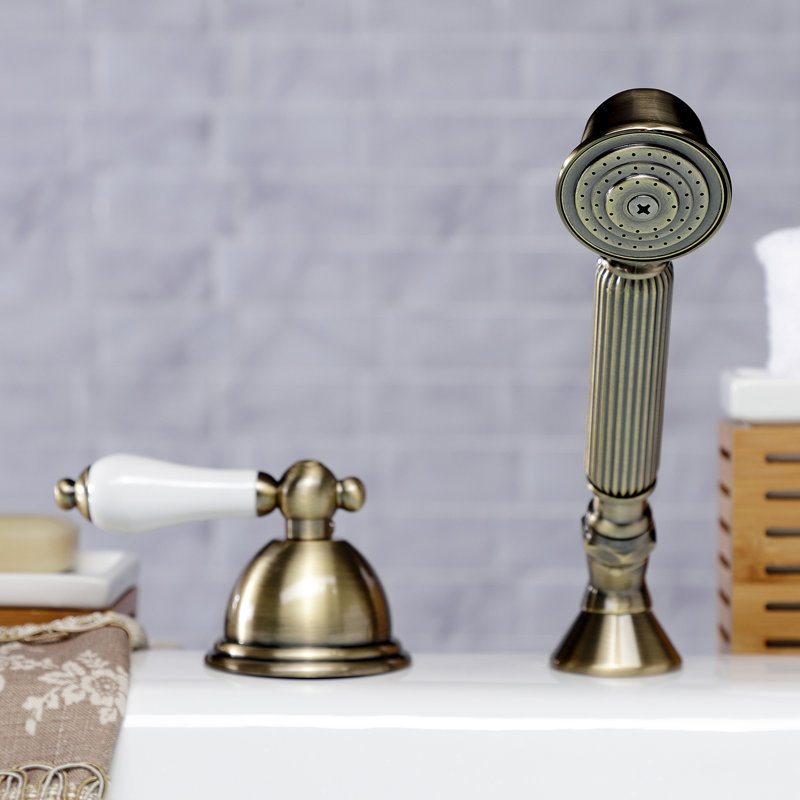 Garniture de robinet de baignoire romaine à fixation sur plateau à poignée simple avec douche à main, Blanc / Laiton antique