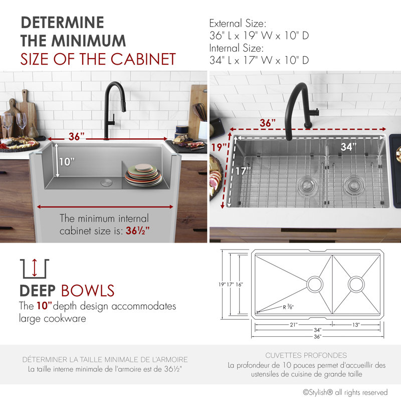36 in. x 19 in. 16 Gauge, Stainless Steel, Brushed 60/40 Double Bowl Undermount Kitchen Sink with Build-in Accessories