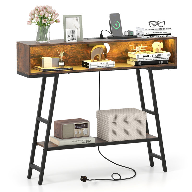 Console Table 3-Tier Entryway Table Narrow Sofa Table Behind Couch Table With LED Light, Brown