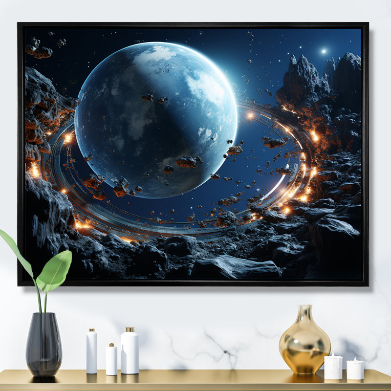 «Blue Planets Distorsion», art mural de la planète espace, Cadre flottant noir, H 16 po x l 32 po x P 1 po