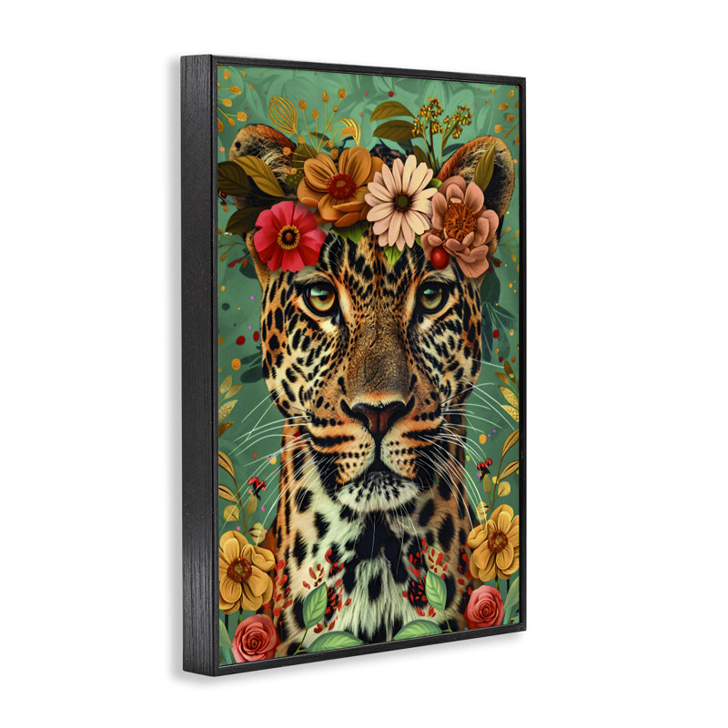 Floral guépard, art de la giclée encadrée, design par LSR Design Studio, H 18 po x l 12 po, Giclée encadrée noir minuit
