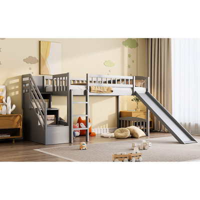Lit mezzanine simple gris avec escalier, tiroirs et glissade, matériau en pin massif, caractéristiques convertibles, pas de sommier tapissier requis