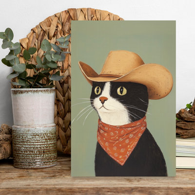 Cowboy Cat Rustic Contemporary Cat Portrait Wall Art Print 1 Piece Wrapped Canvas Wall Art