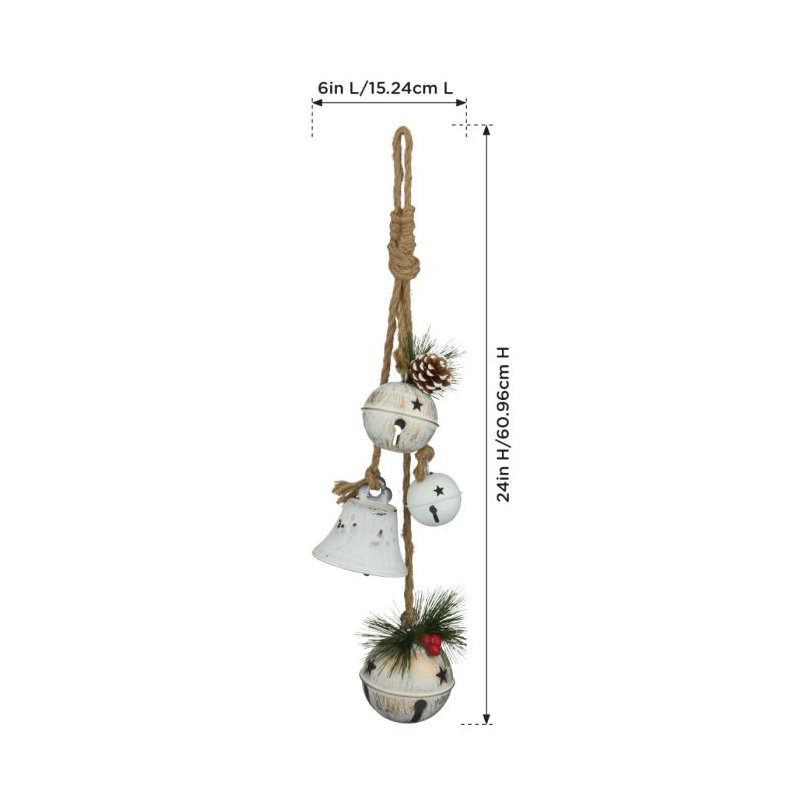 24" White Metal Jingle Bell Hanging Holiday Ornament with Jute Rope and Beaded Accents , Antique White