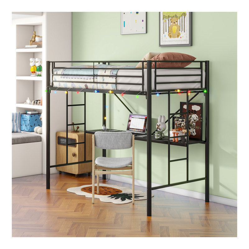 Lit mezzanine simple en métal avec bureau, prise de courant et éclairage à DEL, garde de sécurité et échelle, aucun sommier nécessaire, noir