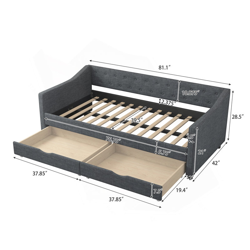 Twin Size Daybed with Drawers Upholstered Tufted Sofa Bed, with Button on Back and Piping on Waved Shape Arms-Dark Grey, Twin