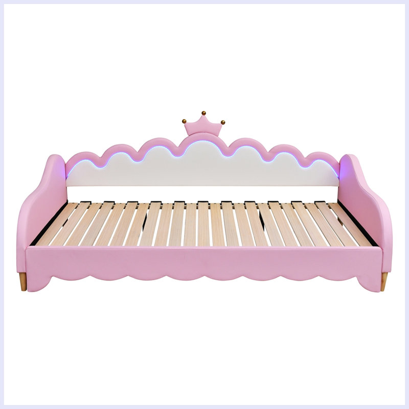Lit de jour moderne tapissier princesse avec tête de lit couronne et lumières DEL, Rose