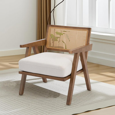 Chaise d'appoint Mid-Century en rotin, dossier en rotin, coussin en lin, beige