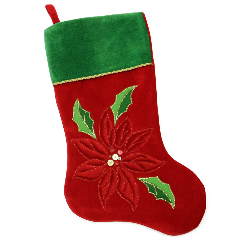 Chaussette de Noël 20 po en velours de coton rouge et vert Poinsettia