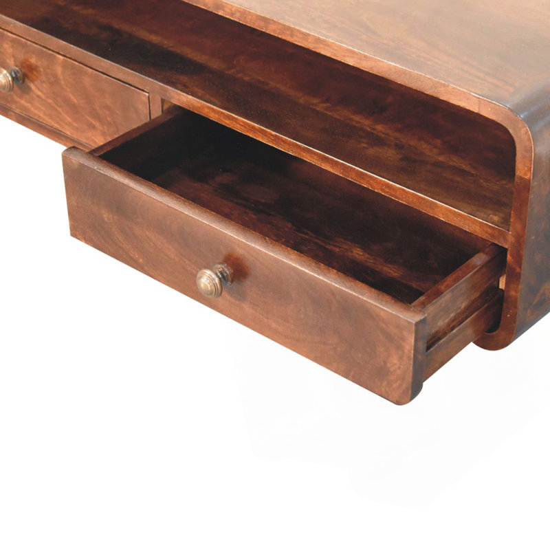 Solid Wood Floating California Walnut Open Console, 2-Drawers, Brown