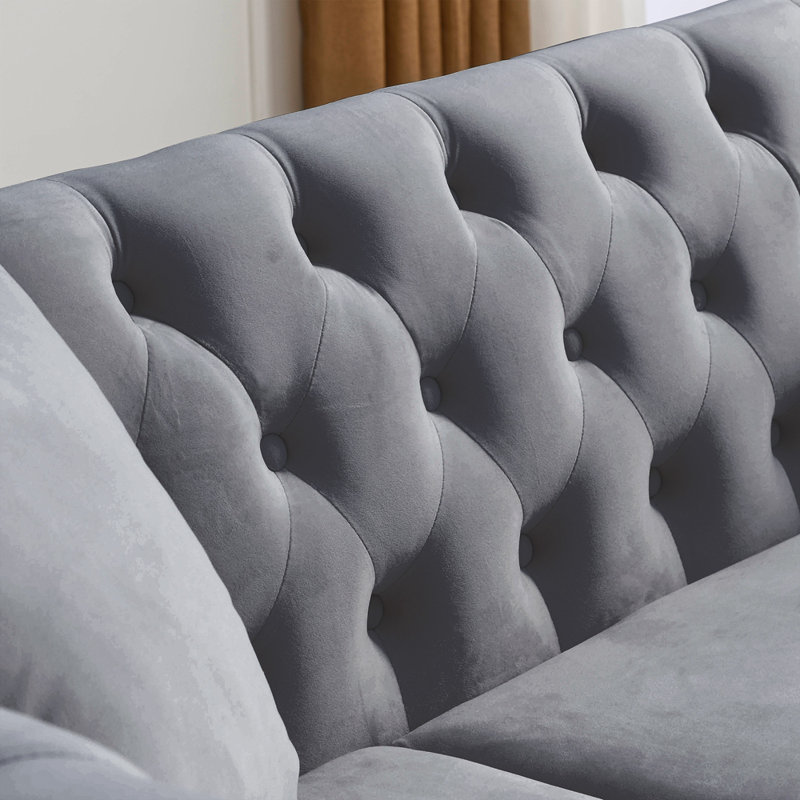 Canapé Chesterfield, canapé capitonné avec accoudoirs roulés et tête de clou, Velours gris