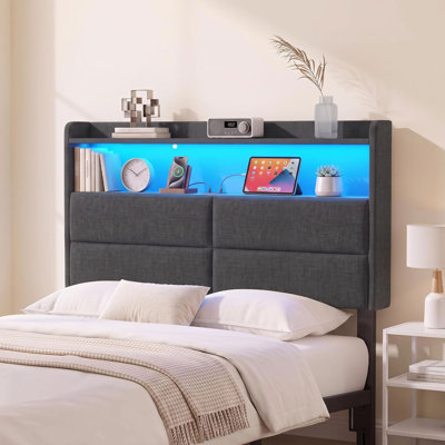 Tête de lit simple seulement avec rangement à 2 niveaux, station de recharge, grise