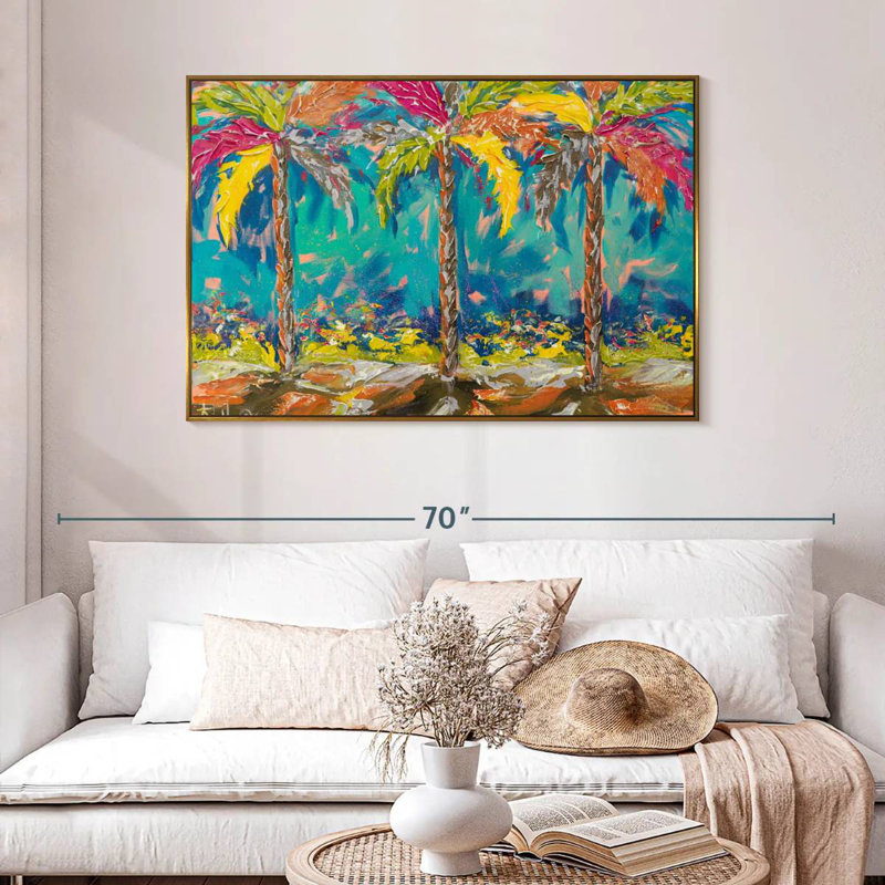 Palmiers d'été tropicaux, 46 po x 31 po, Cadre flottant doré
