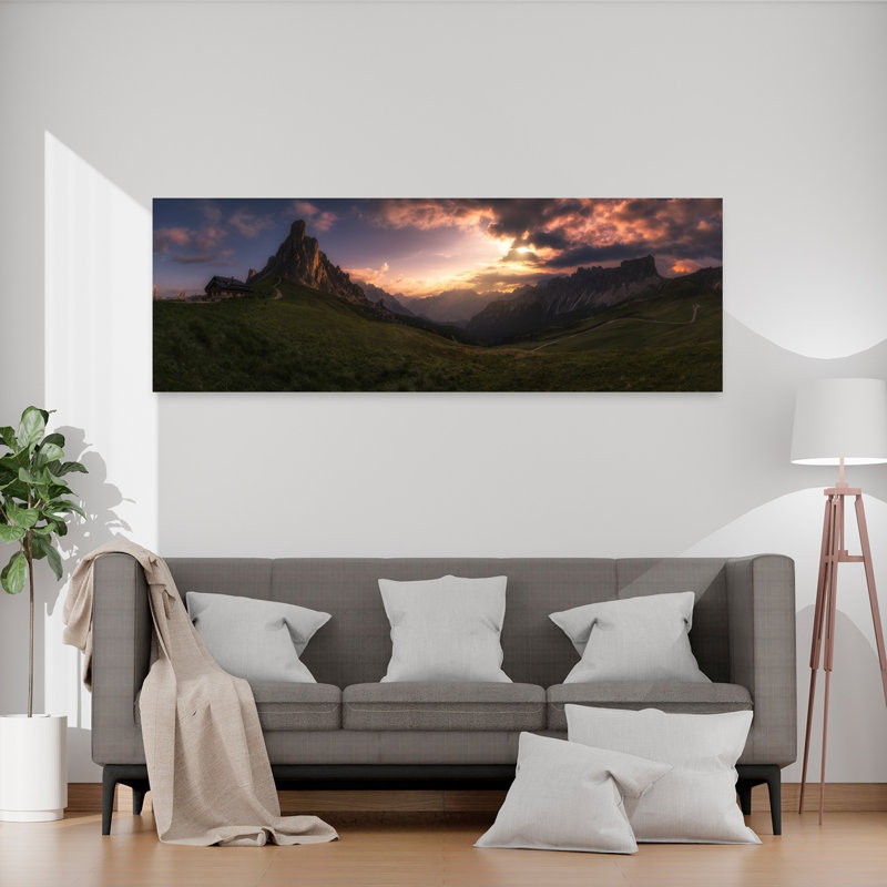 «Dolomites Sunset Glow Dramatic Peaceful Rustic Landscape Mountain», art mural, H 20 po x l 60 po