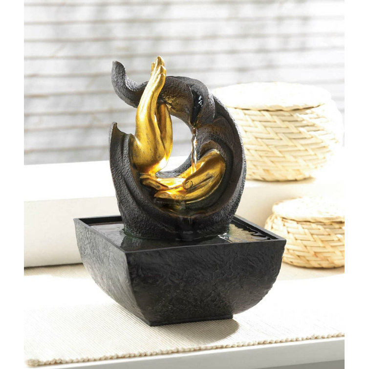 Roimata Resin Golden Hands Accent Tabletop Fountain with Light- CRACKED