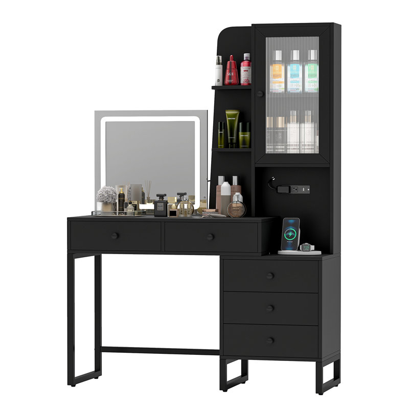 Modern Black Vanity Table with LED Mirror, Built-In Power Hub & Ample Storage