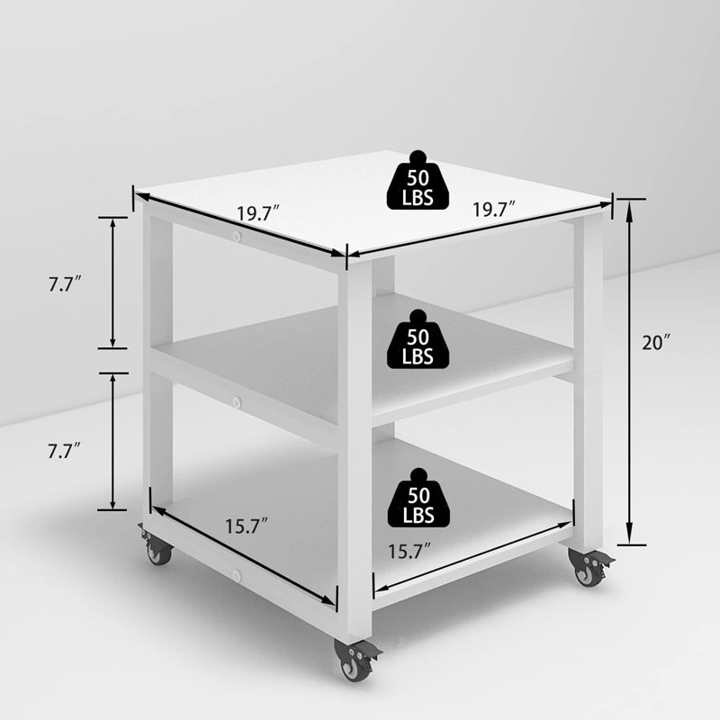 19.7 x 19.7 inches 3-Tier Laser Printer Stand with Storage Pinter desk Floor-Standing Rack on Wheels, White