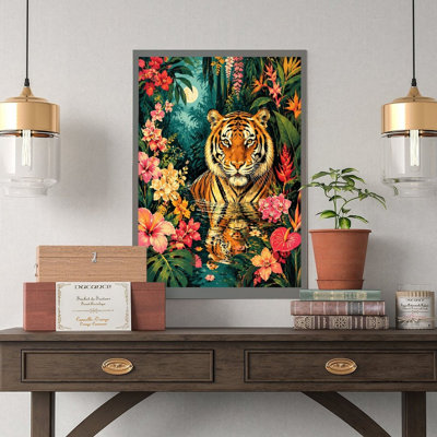 Canvas Wall Art Tiger Tropical Jungle Flowers Moonlight Vintage Poster Print Home Decor