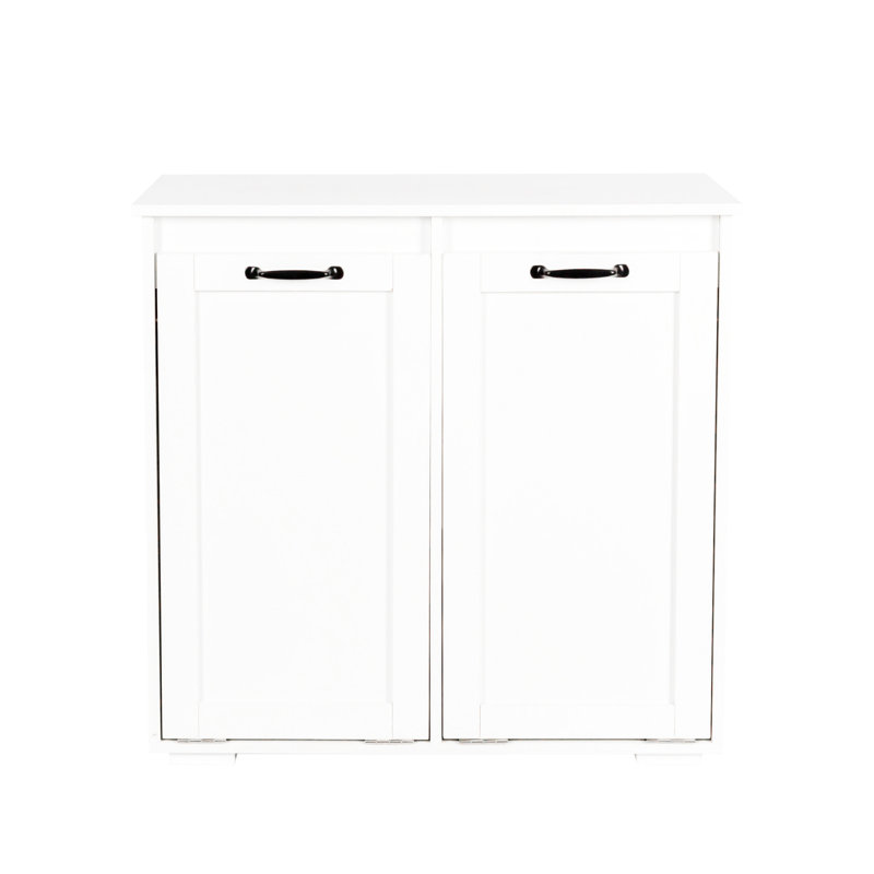 2-Section Laundry Organizer Cabinet With Doors - Keep Separate And Concealed Divided Sections 2 Removable Bags White Made Of Wood Materials 30.61 In. Height