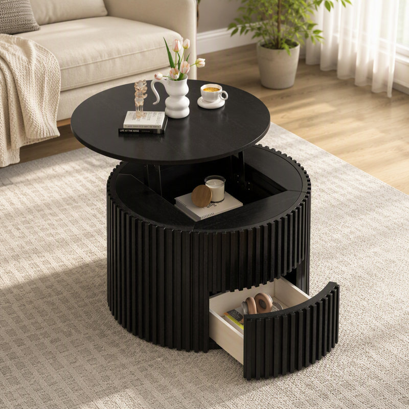Table basse ronde à plateau relevable, table d'appoint moderne en bois cannelé avec rangement caché pour le salon, Noir