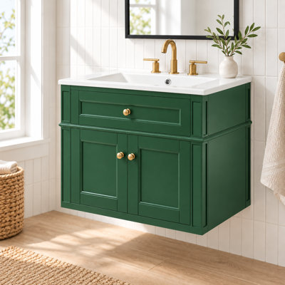 Meuble-lavabo mural de 61 cm (24 po) avec lavabo en céramique, armoire à 2 portes avec tiroir basculant, charnières à fermeture amortie et dos ouvert, noir