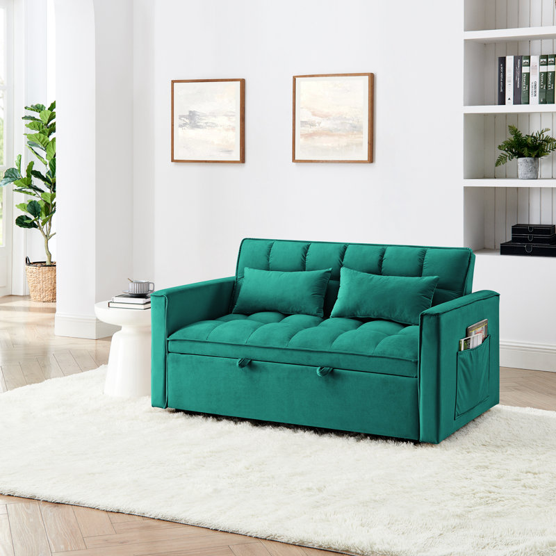 Lit polyvalent de 54,33 pouces, 3 choix de longueur. Lit escamotable moderne en velours avec dossier réglable. Pour une sensation de bien-être. Coutures fines. Options. Tissu doux et pieds en plastique. 2 coussins. Salon