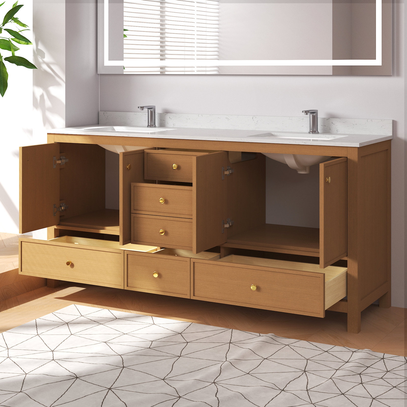 Aura Oak Double Bathroom Vanity, Brown, 72"