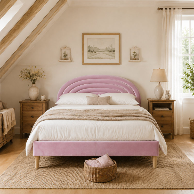 Lit tapissier festonné Halis, Velours rose, Grand