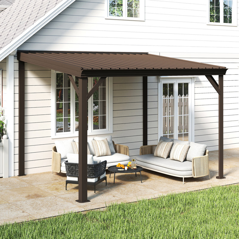Patio Gazebo Lean to Wall Mounted Pergola with Sloping Galvanized Steel Roof, 92.04" H x 120" W x 96" D, Brown
