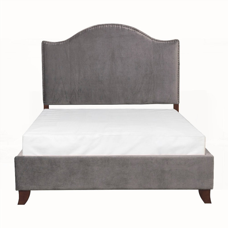 Structure de grand lit avec revêtement en velours gris, bois massif Contreplaqué, aucun sommier requis, H 66 po x 88 po x 62 po