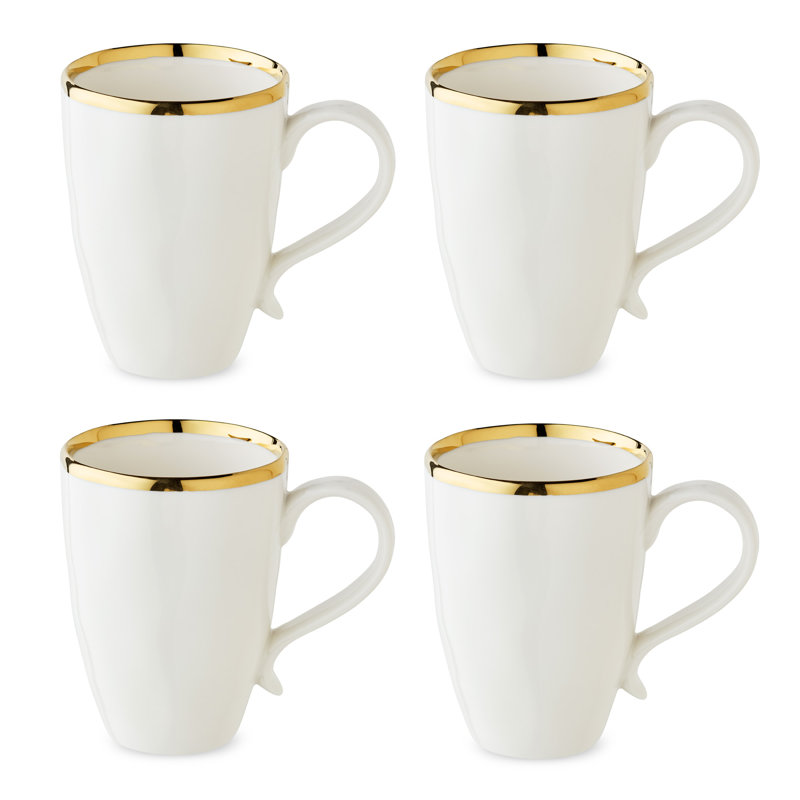 Set of 4 White Ceramic Mugs with Gold Trim, 18oz