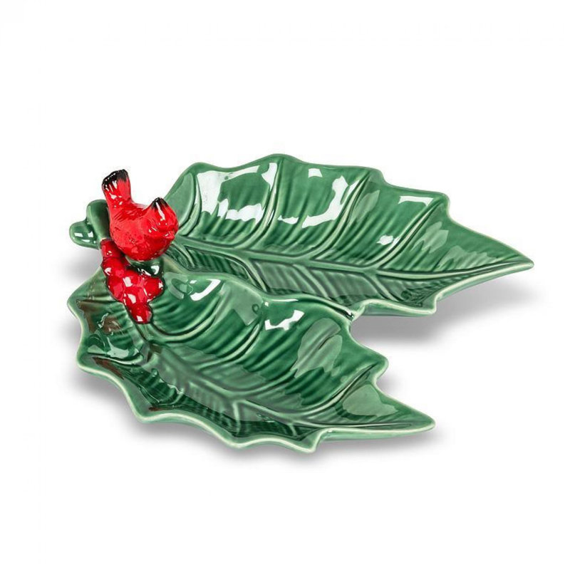 Cardinal On A A Holly Leaf Sectioned Serving Tray