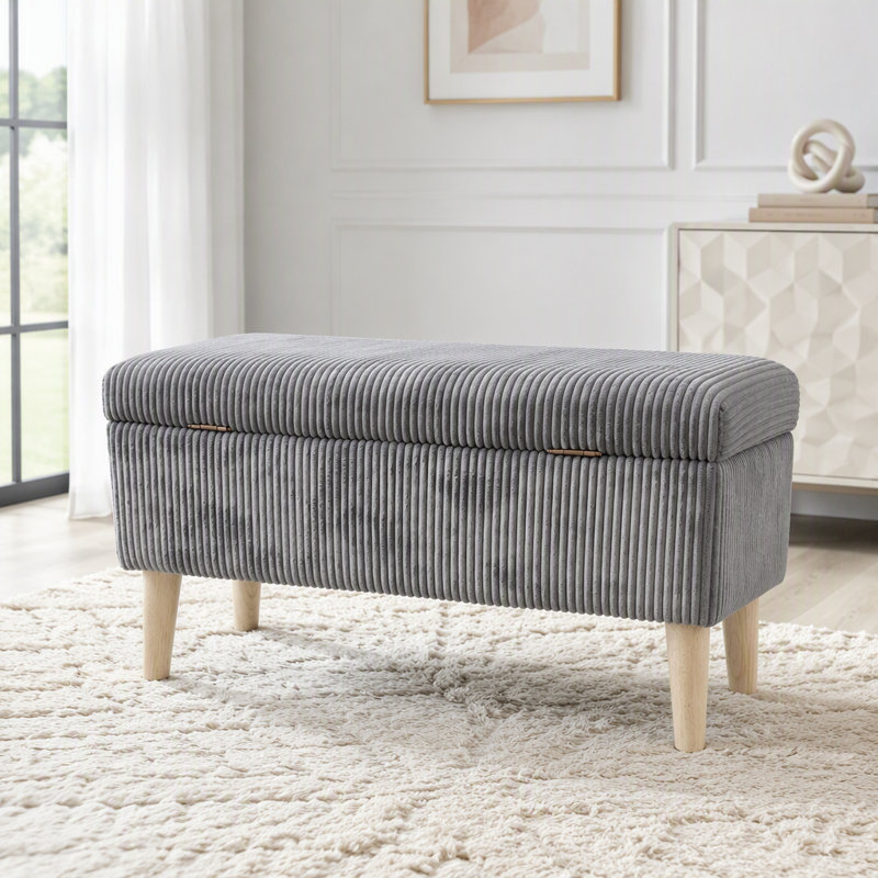 Banc de rangement en velours côtelé 32 pouces avec compartiment rabattable et pieds en bois massif, Grey